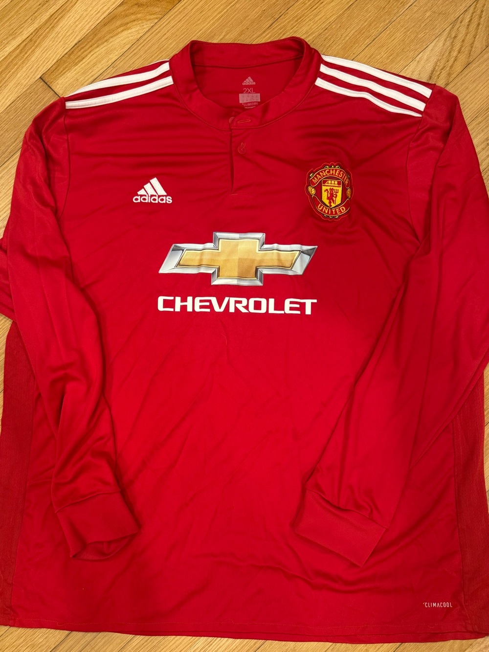 adidas Manchester United Red Long Sleeve Jersey with White Stripes